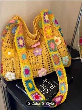 Crocheted Yellow Floral Shoulder Bag - Boho Handmade Tote